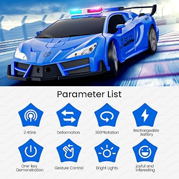 Tecnock 2026 Remote Control Cars Gesture Sensing, Transform Robot RC Cars for Kids, 2.4GHz One Button Transformation Robot Toy with LED Lights, Police Car Toy Gift for Age 4-12 Boys/Girls