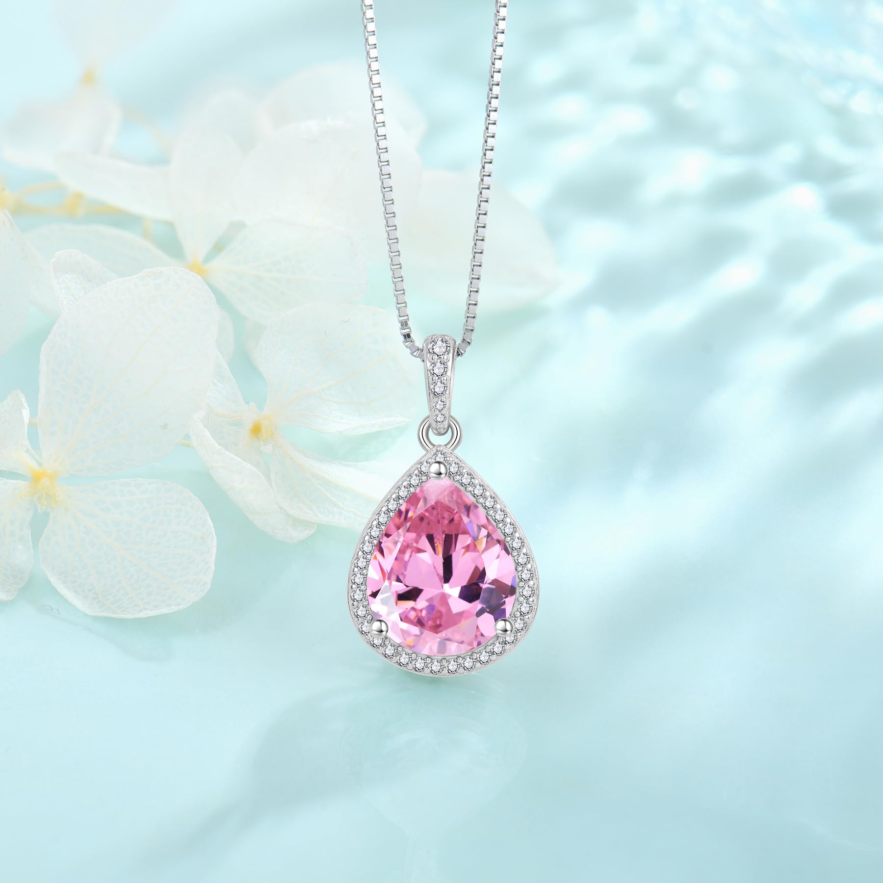 FJ Kette Damen 925 Sterling Silber Tropfen Halskette Birnenförmige Anhänger Geburtsstein Schmuck Geschenke für Frauen