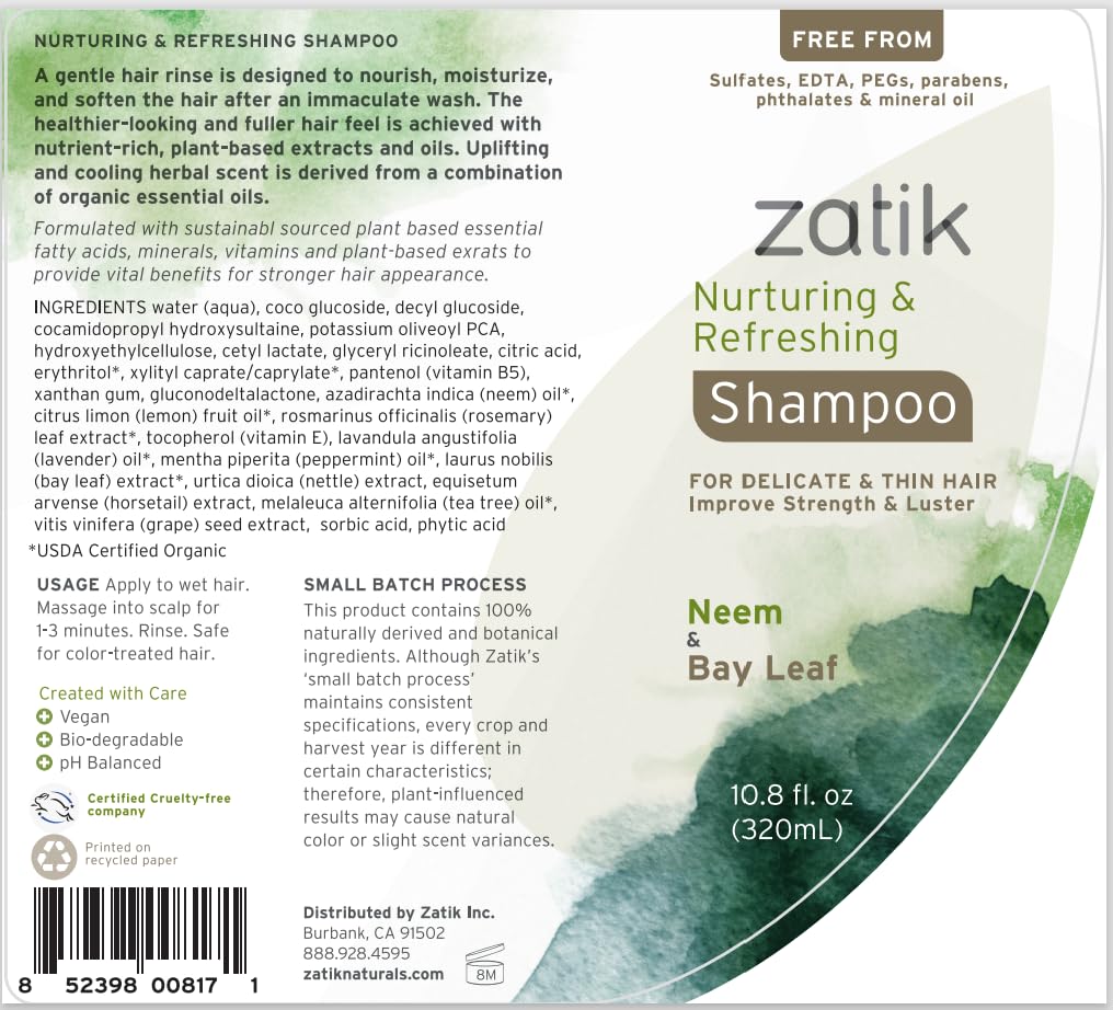 Zatik Naturals - Nurturing and Refreshing Shampoo + Conditioner Set, with Neem & Bay Leaf for Dry, Fine, Delicate Hair - Biodegradable, pH Balanced, Sulfates & Phthalates Free, 2x10.8oz (One of Each) - Image 3