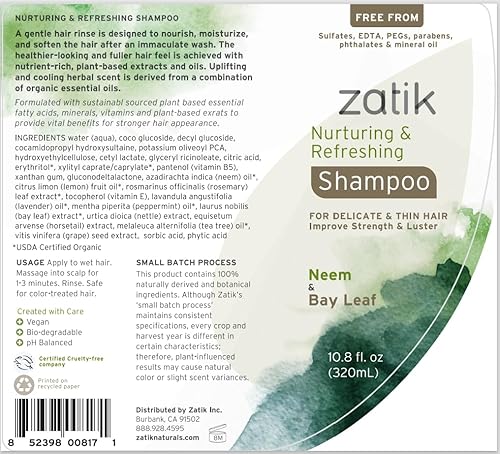 Miniatura 2 de Zatik Naturals - Champú nutritivo y refrescante con neem y laurel para cabello seco, fino y delicado, vegano, biodegradable, pH equilibrado, libre