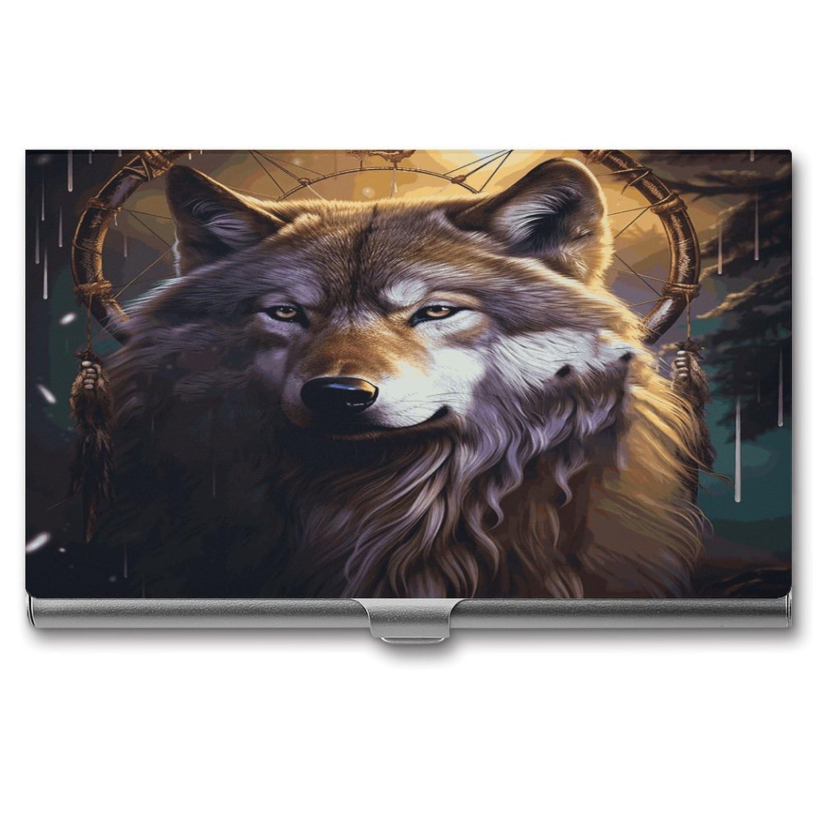LDGSUPH Wolves And Dream Catchers Business Card Holder Fashion Slim Name Card Holder Minimalist Design Case Metal Card Carrier Personalized Business Card Case with Flip for Men Women
