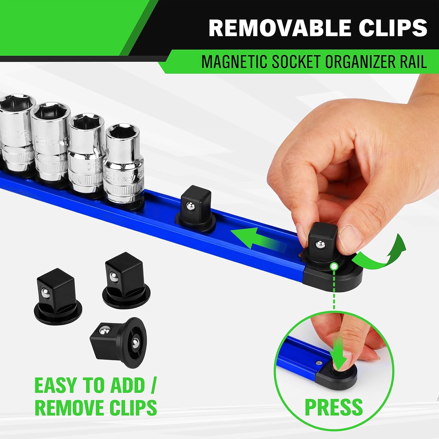 8-Piece Magnetic Socket & Bit Organizer Kit, 1/4'' 3/8'' 1/2'' Heavy Duty Socket Holder Holds 80 Clips, Aluminum Sockets Rail for Tool Box Drawer, 1/4'' Slidable Drill Bit Organizer Holds 80 Bits