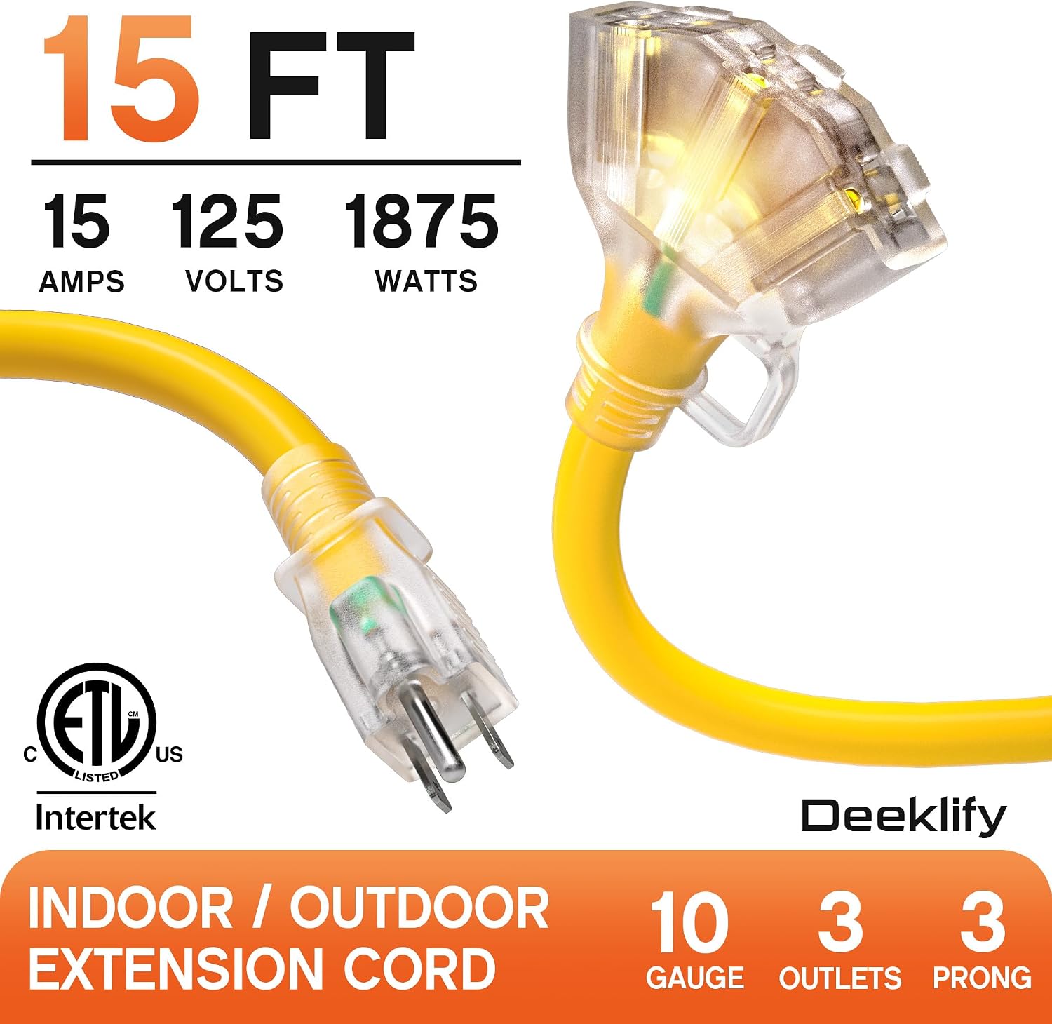 15FT 10 Gauge Extension Cord with Multiple Outlets Outdoor Yellow image 2