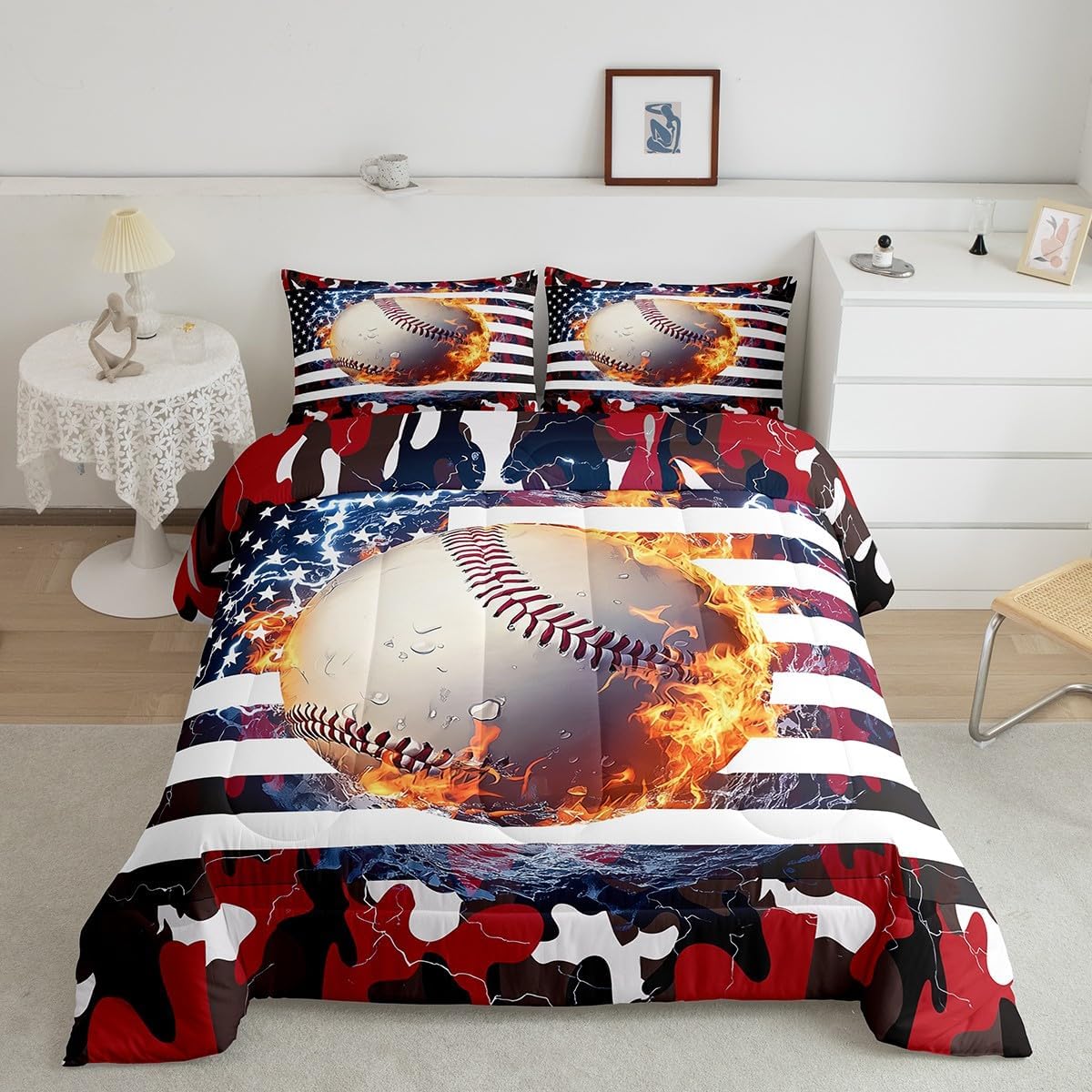 Erosebridal Baseball Comforter Set, Twin Size, Boys American Flag Quilted Duvet Camouflage Bedding for Kids Teens Adult Men, USA Federations Stars Duvet Set, Black and Red Bedroom Decor