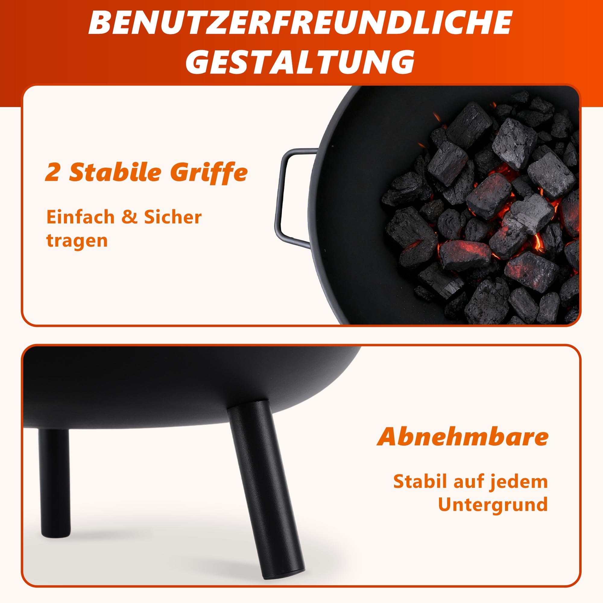 Feuerschale Feuerschalen für den Garten - Feuerstelle Ø 58 cm mit 43 cm Schürhaken - Feuerkorb mit 2 Tragegriffen für Lagerfeuer Garten & Terrasse - 2 Jahre Garantie (Ø 58 cm)