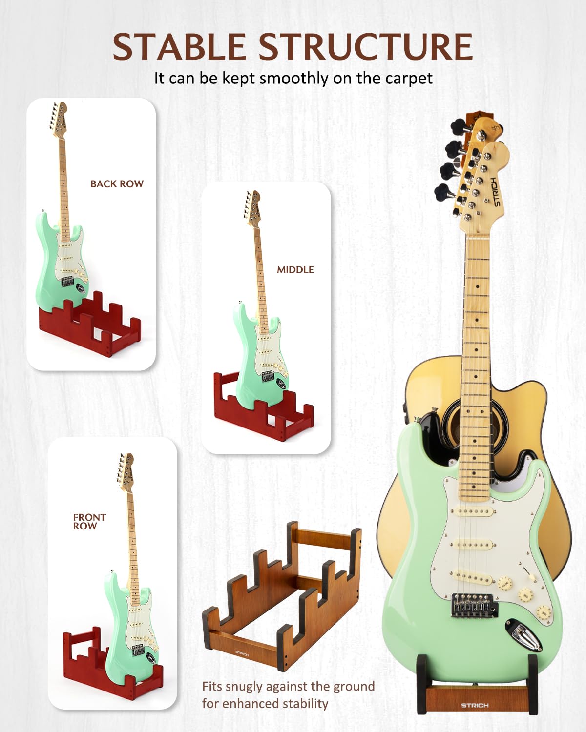 STRICH Gitarrenständer aus Holz für mehrere Gitarren, 3-fach Halter, platzsparender Bodenständer mit Frontpräsentation, Mahagoni-Farbe, L-2E1AM (für 2 E-Gitarren + 1 Akustikgitarre)