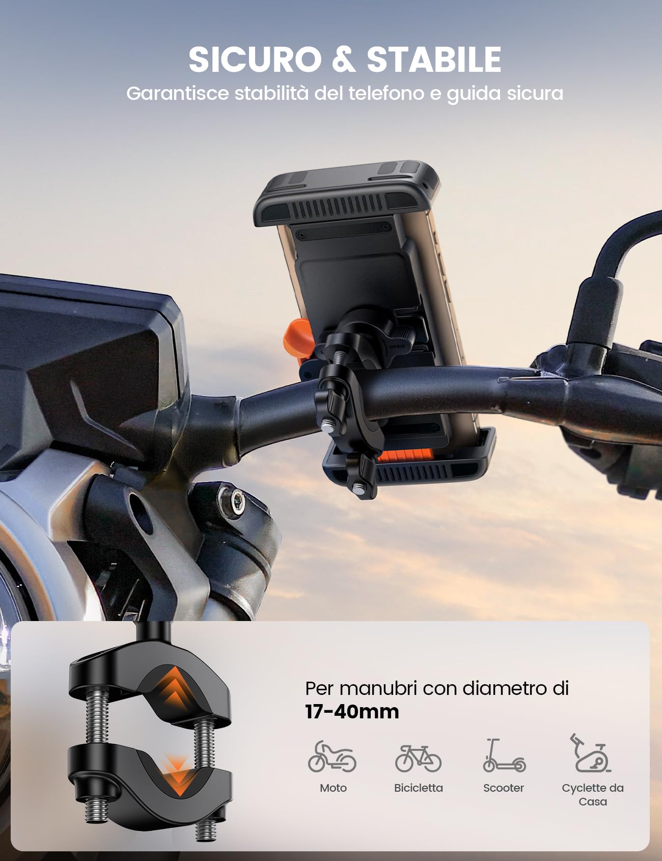 Lamicall Supporto Telefono Bicicletta - [1S Blocco/Sblocco] 360° Rotazione, Supporto Telefono Moto con Protezione in Silicone per iPhone 17/16/15 Pro Max, Galaxy S25 S24 Ultra e Altri 6-7" smartphone
