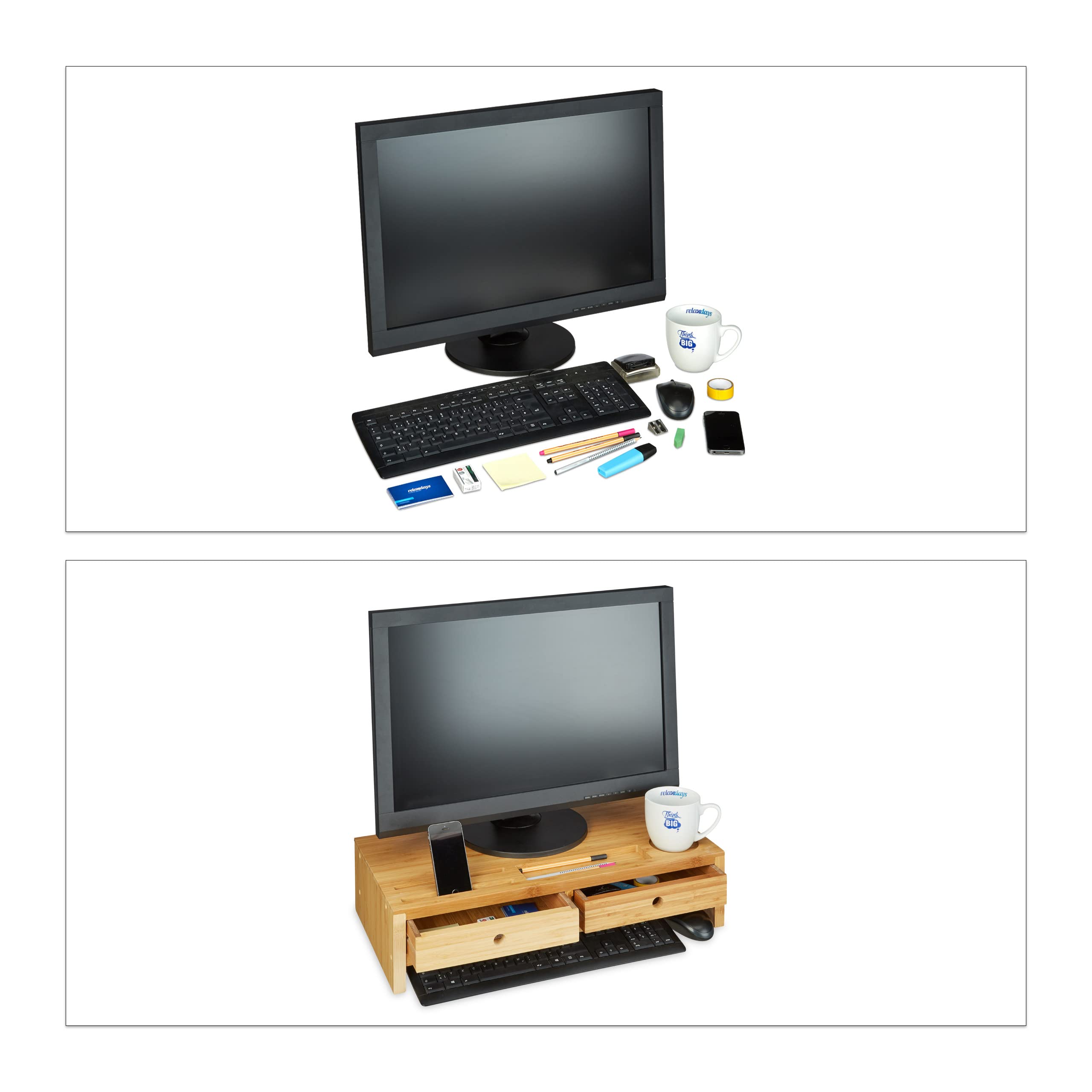 Relaxdays Supporto per Monitor, bambù, Rialzo per PC, 2 Tiretti & Scomparti, HLP 14 x 60 x 30 cm, Bianco/Legno Naturale