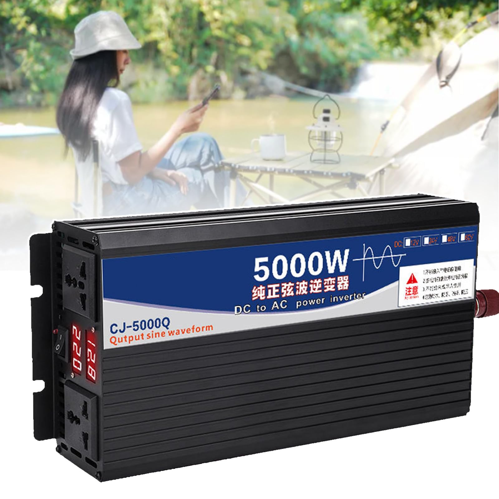 Inverter A Onda Sinusoidale Pura 12V/24V/48V/60V, Inverter di Potenza, Sovratensione 4Kw/5Kw, 2 Prese Ca, Alta Efficienza Fino al 90%, con Protezione da Cortocircuito,5000W-24Vto220V