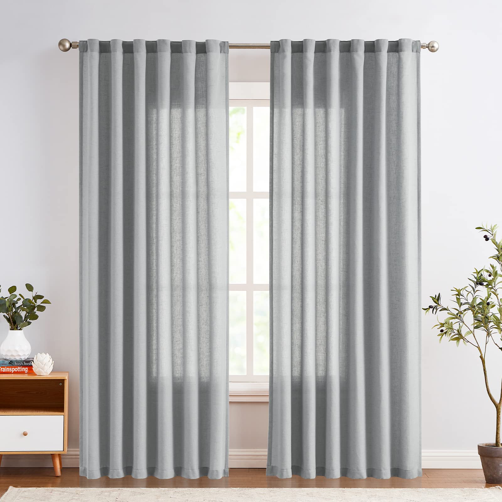 jinchan Linen Grey Curtains 84 Inches Long for Living Room Farmhouse Rod Pocket Back Tab Light Filtering Window Drapes for Bedroom Curtains Gray 2 Panels