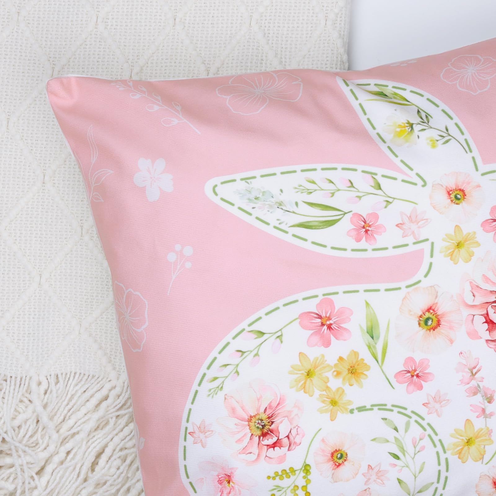 Bonhause Bunny Floral Cushion Covers 45 x 45 cm Spring Rabbit Carrot Flower Pink Decorative Pillow Covers for Sofa Bed Home Garden Decor Set of 4 - Image 4