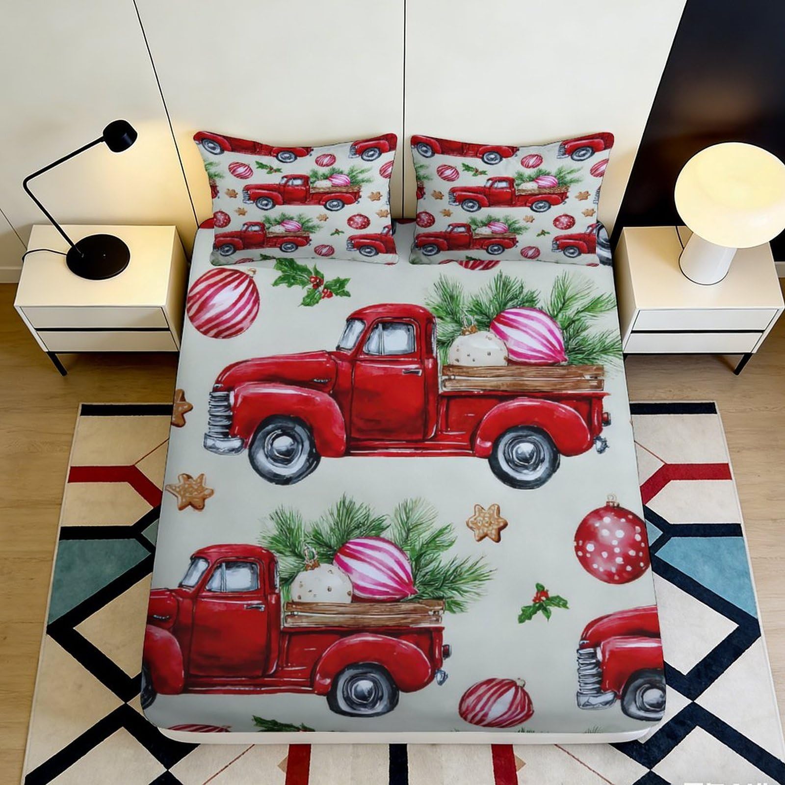 3D Printed Christmas Truck Fitted Sheet Microfiber Deep Pocket Non-Slip Bedding Xmas Truck Mattress Fitted Cover Elastic Hem Washable 200x200x25cm 90x200x25cm