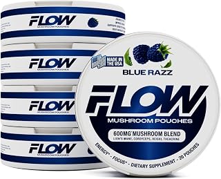 Flow Pouches Mushroom Nootropic Pouches, 600mg Lion's Mane Reishi Cordyceps Energy Pouches for Focus and Clean Energy, Caffeine Free Sugar Free Nicotine Free, Now Made in USA (5 Cans, Blue Razz)