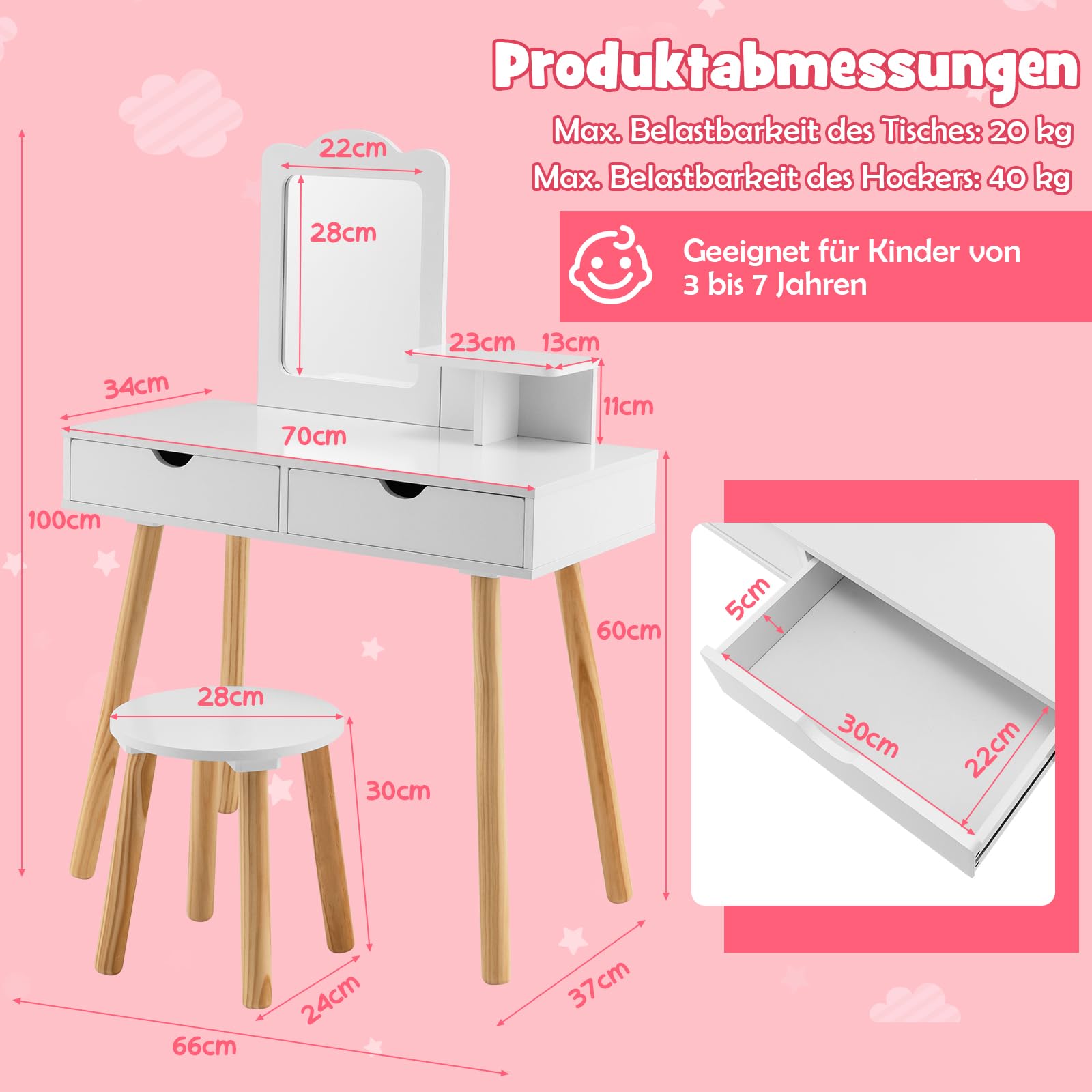DREAMADE 2 in 1 Kinder Schminktisch mit Hocker und Abnehmbarer Spiegel, Prinzessin Frisiertisch mit Schublade Kosmetiktisch aus Holz, Kinderschminktisch für mädchen