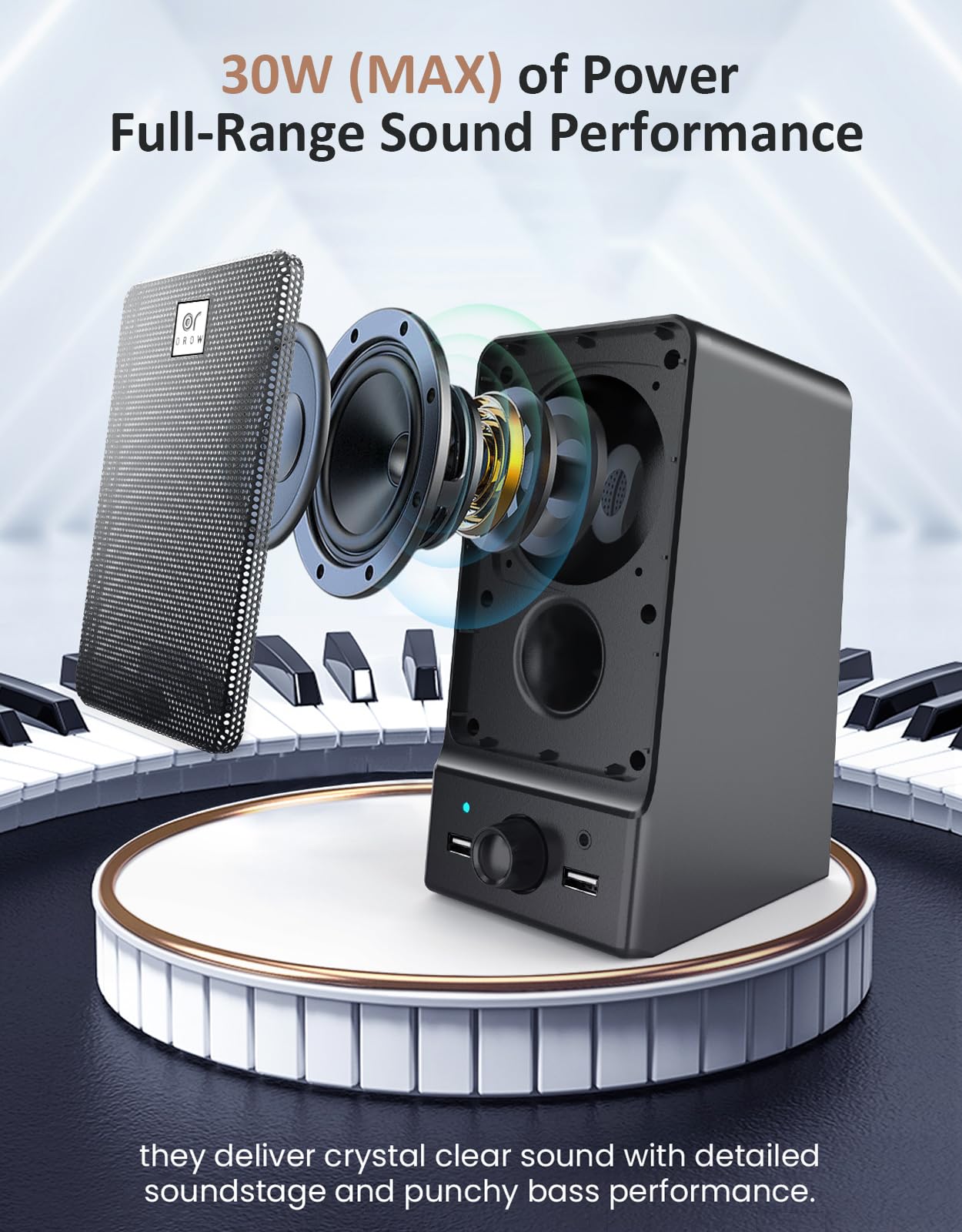 OROWOW Altoparlanti per computer, altoparlanti stereo Hi-Fi da 30 W per PC, altoparlante da tavolo, alimentazione AC, chip audio DSP integrato, bassi profondi e voce pura, altoparlante portatile con