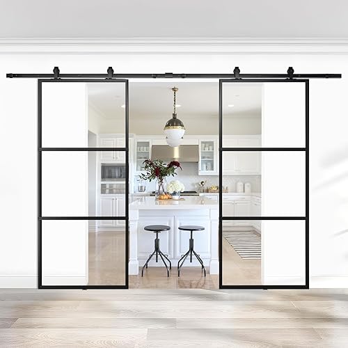 Miniatura 8 de JUBEST Puerta de granero doble de 84 x 84 pulgadas con kit de herrajes de 14 pies y mecanismo de cierre suave, 2 juegos de 42 x 84 pulgadas de