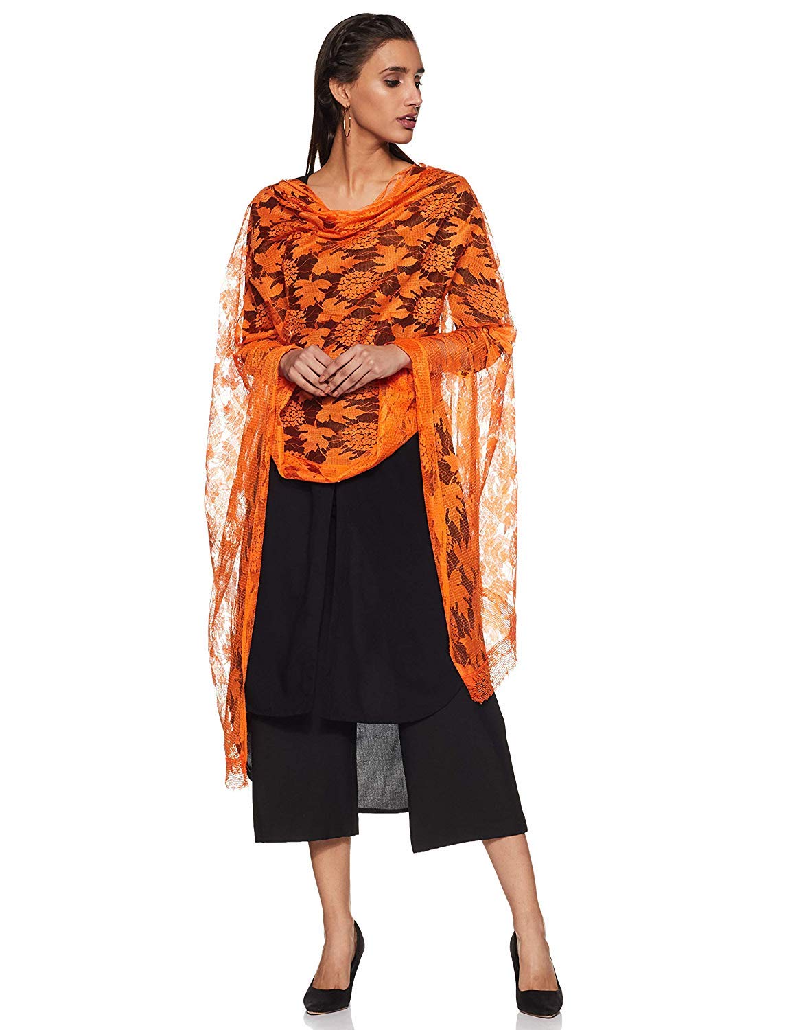 Weavers Villa Orange Floral Net Dupatta For Women, 2.10 Mtrs