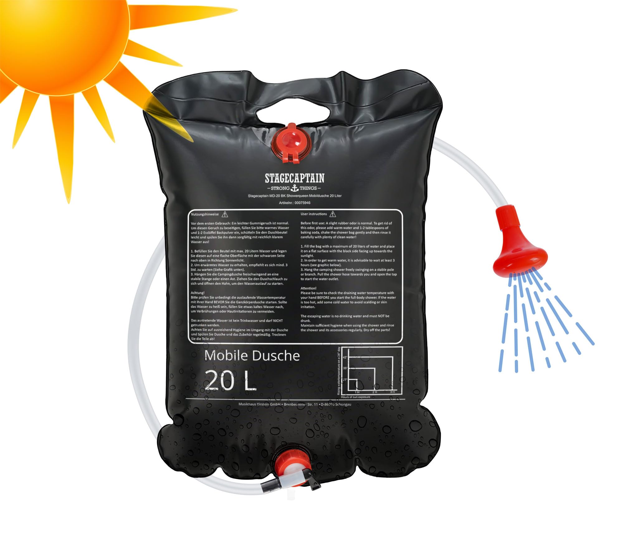 Stagecaptain MD-20 BK Mobildusche 2er Set - Campingdusche à 20 Liter Volumen - Camping Dusche Solar mit Duschkopf - Reisedusche heizt durch Sonne - Solardusche - Festivals, Garten, Camping, Wandern