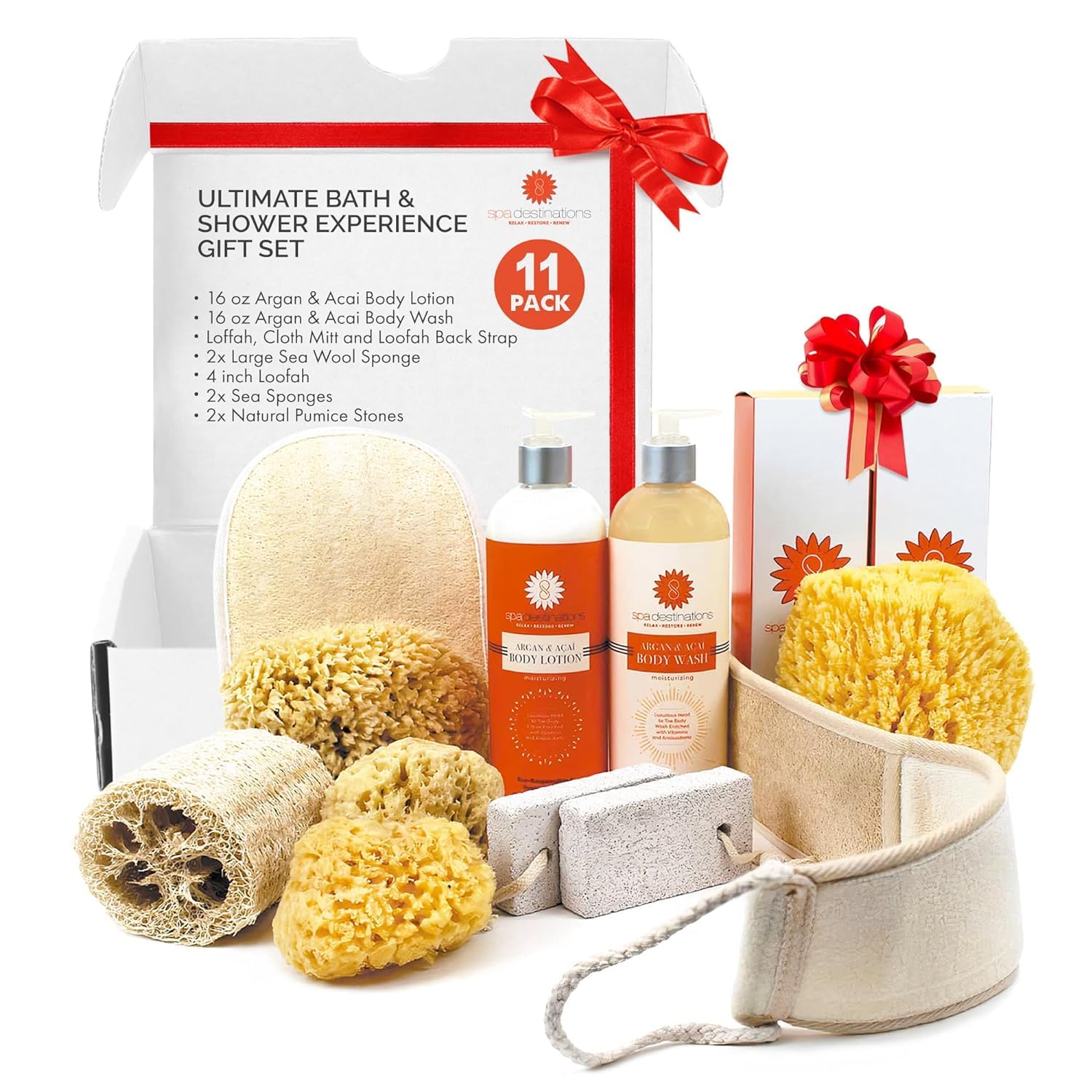 Spa Gift Set for Women. “Ultimate Bath & Shower Experience” 11-piece Tropical Scent Gift Set with Body Wash, Body Lotion and Natural Sponges, Loofahs and Pumice 0 Value