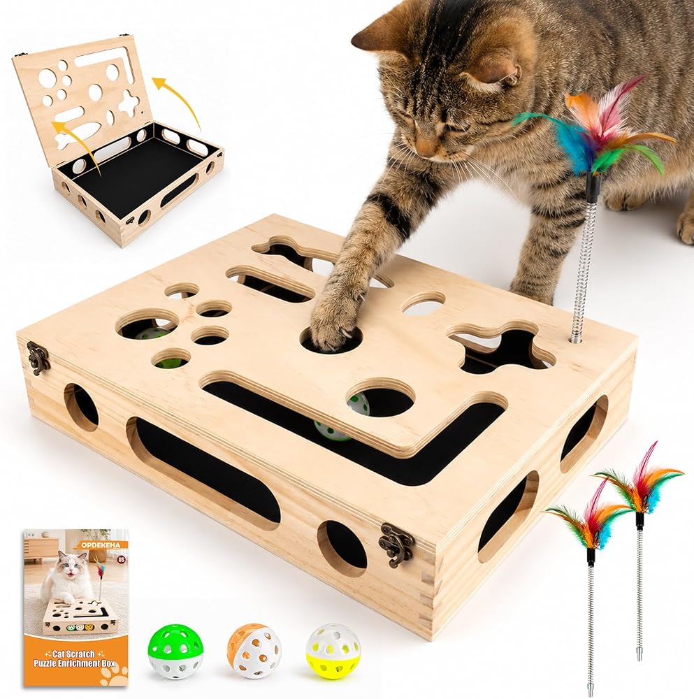 Cat Scratch Puzzle Enrichment Box, Interactive Cat Toy for 3 Balls & 2 Wand | Integrated Cat Nail File Scratcher - Stress Free Alternative to Clippers & Grinders for Indoor Cats