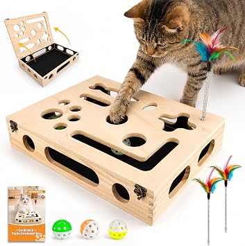 Cat Scratch Puzzle Enrichment Box, Interactive Cat Toy for 3 Balls & 2 Wand