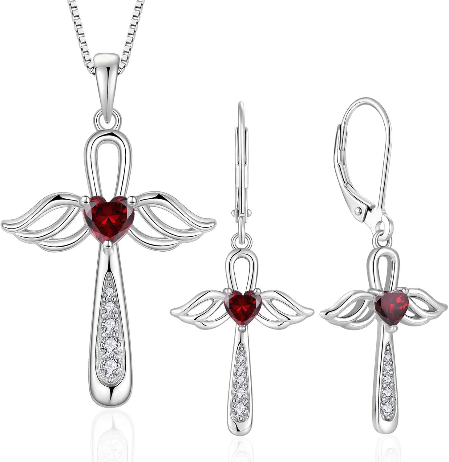 Angel Wings Pendant Necklace for Women 925 Sterling Silver Cross Necklace Leverback Earrings Angel Wing dangle Earrings Christian Cross Earrings January Birthstone Garnet Color