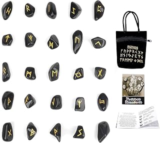 Jamron 25 Pcs Crystal Stone Engraved Rune Set with Velvet Pouch and Guidebook Future Telling Divination Game English Edition SN071173 Black
