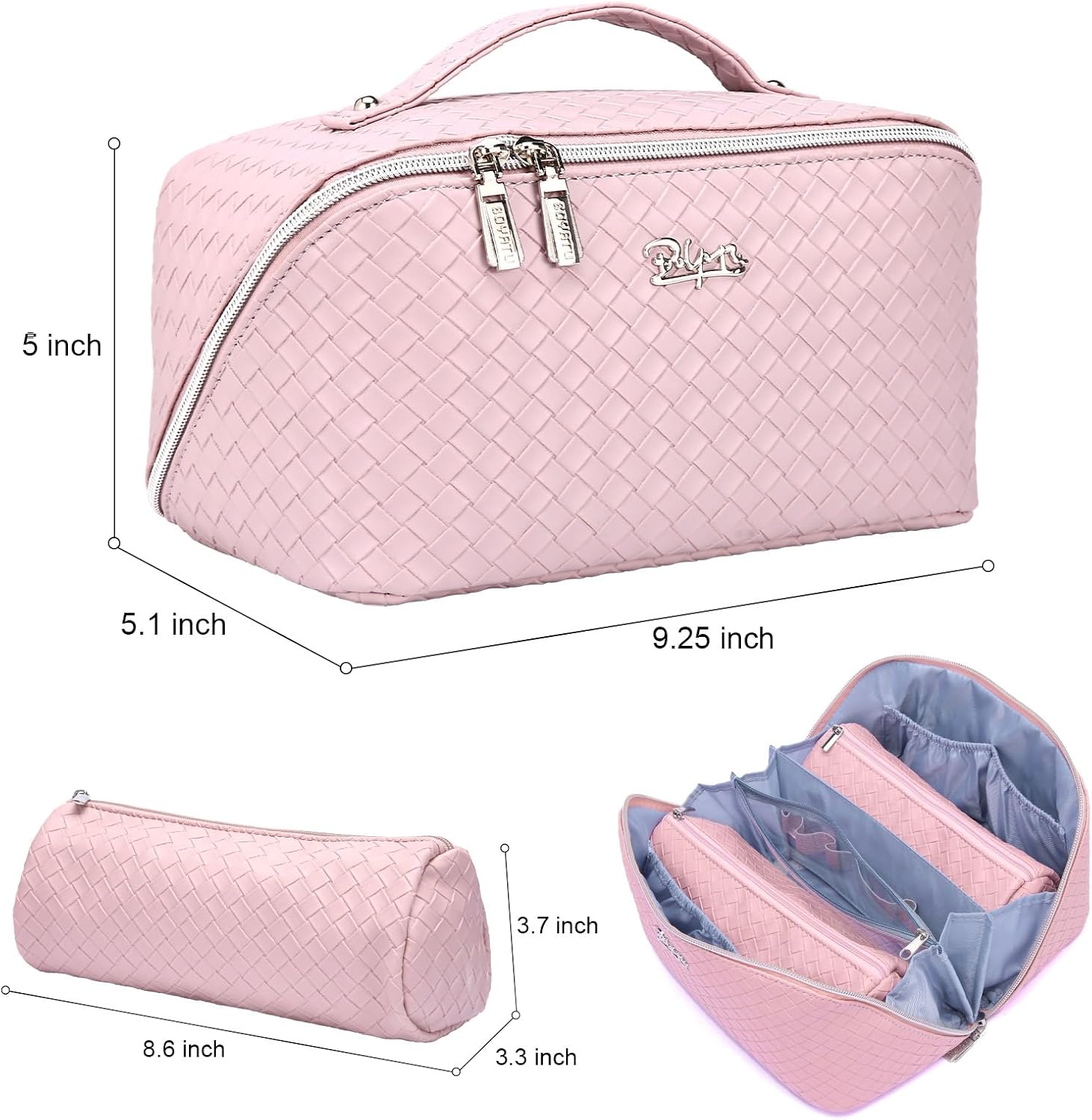 BOYATU Travel Makeup Bags for Women: Large Cosmetic Bag Waterproof - Vegan Leather Make up Bags Set of 3 - Portable Toiletry Organizer (L09 Violet)