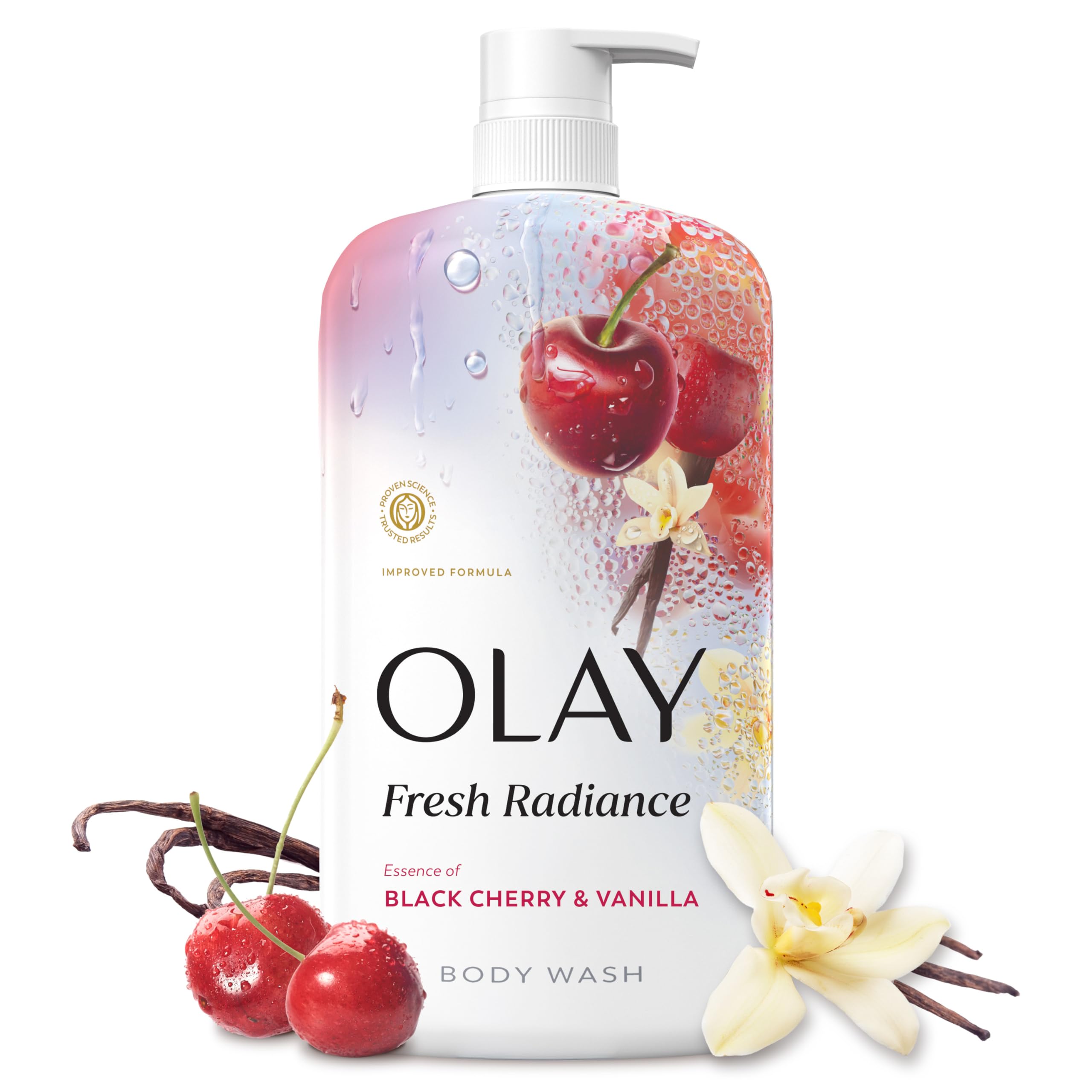 Olay Body Wash for Women, Fresh Radiance, 24/7 Skin-Loving Freshness, Visibly Radiant, Plant Based Cleansers, Vitamin B3 & Antioxidant Blend, For All Skin Types, Black Cherry & Vanilla Scent, 29 fl oz