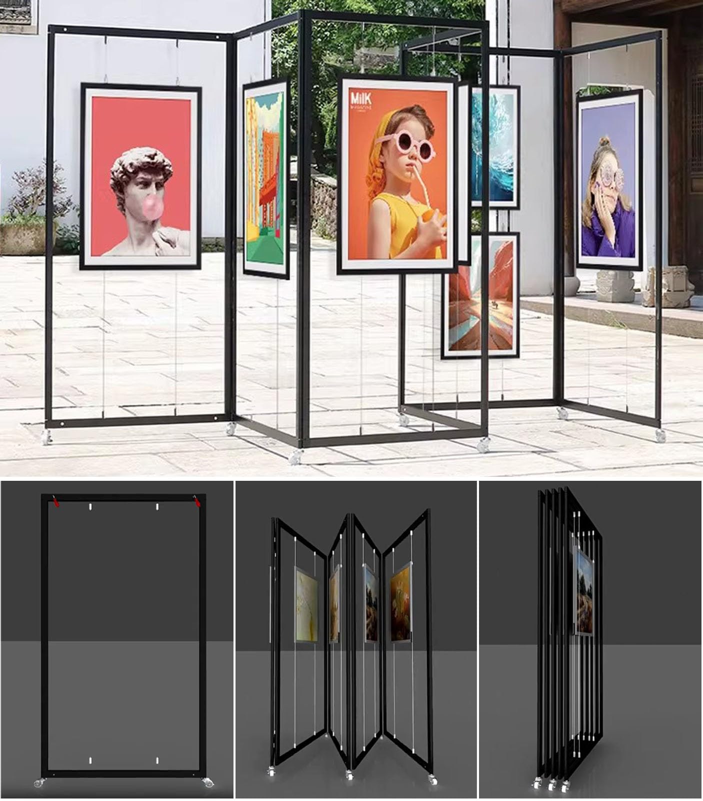 Cimaise pour Tableau Crochets de Suspension pour Cadres Photo, Présentoir de Calligraphie Pliable et Mobile, Support D'exposition Photographique Intérieur/extérieur(5pcs,60x150cm(23 5/8"x59"))