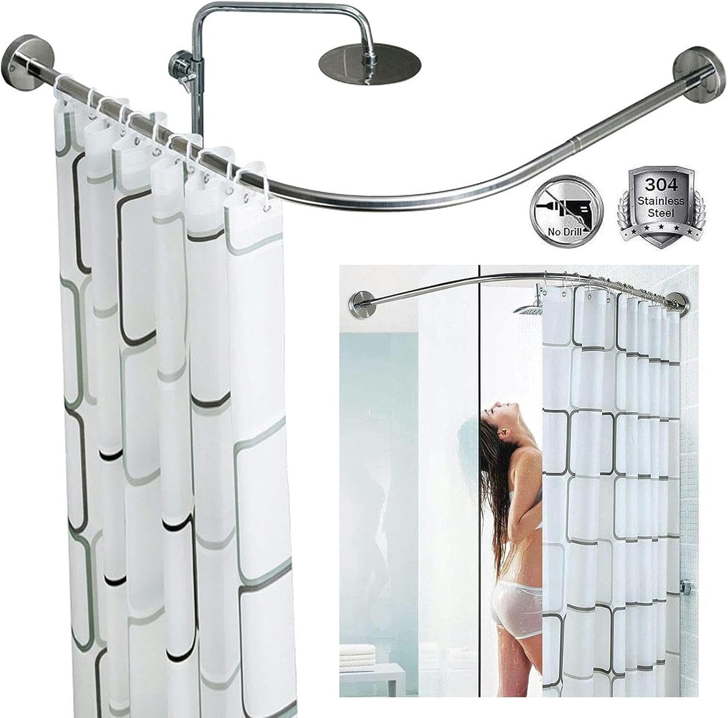 Stretchable 304 Stainless L Shaped Bathroom Bathtub Corner Shower Curtain Rod Rack, Curved Shower Rod Punch-freeradian, for Bathroom Bathtub Corner, Brushed Nickel Silver