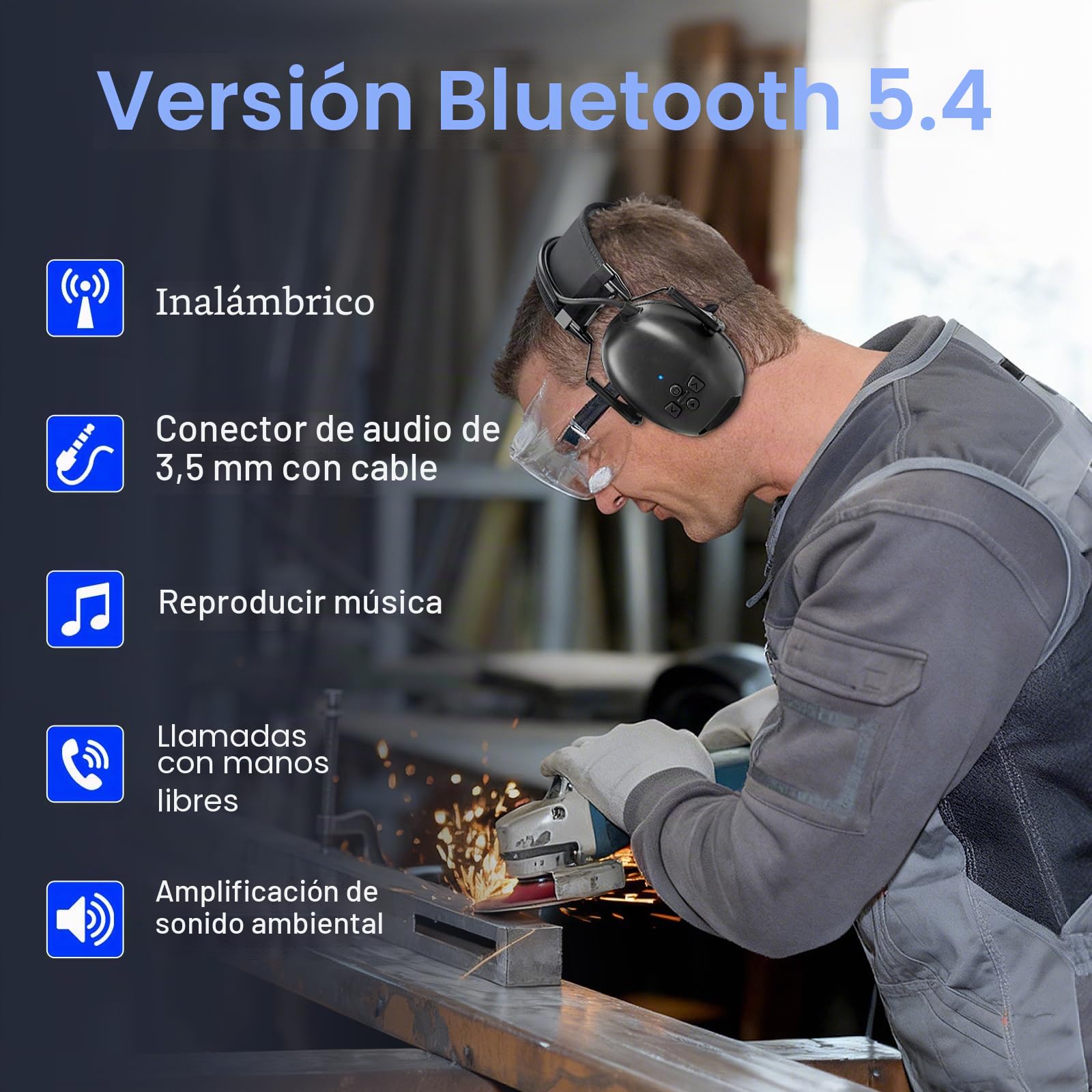 Auriculares protección auditiva Bluetooth 5.4, 120 Horas reproducción, micrófono Integrado, SNR 30 dB, Protectores auditivos con cancelación de Ruido para Cortar el césped, Trabajar la Madera
