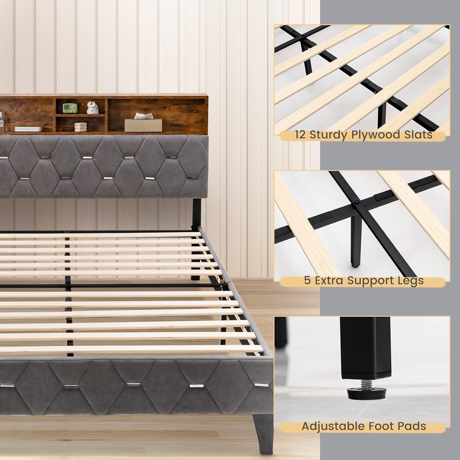 Bed frame components including slats, support legs, and adjustable foot pads