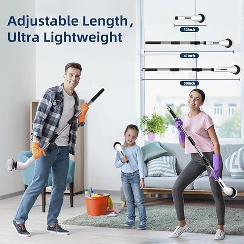 Miniatura 7 de Fregador eléctrico giratorio para baño, con mango ajustable, 2 velocidades, limpiador de baño con 8 cabezales de cepillo reemplazables, limpiador