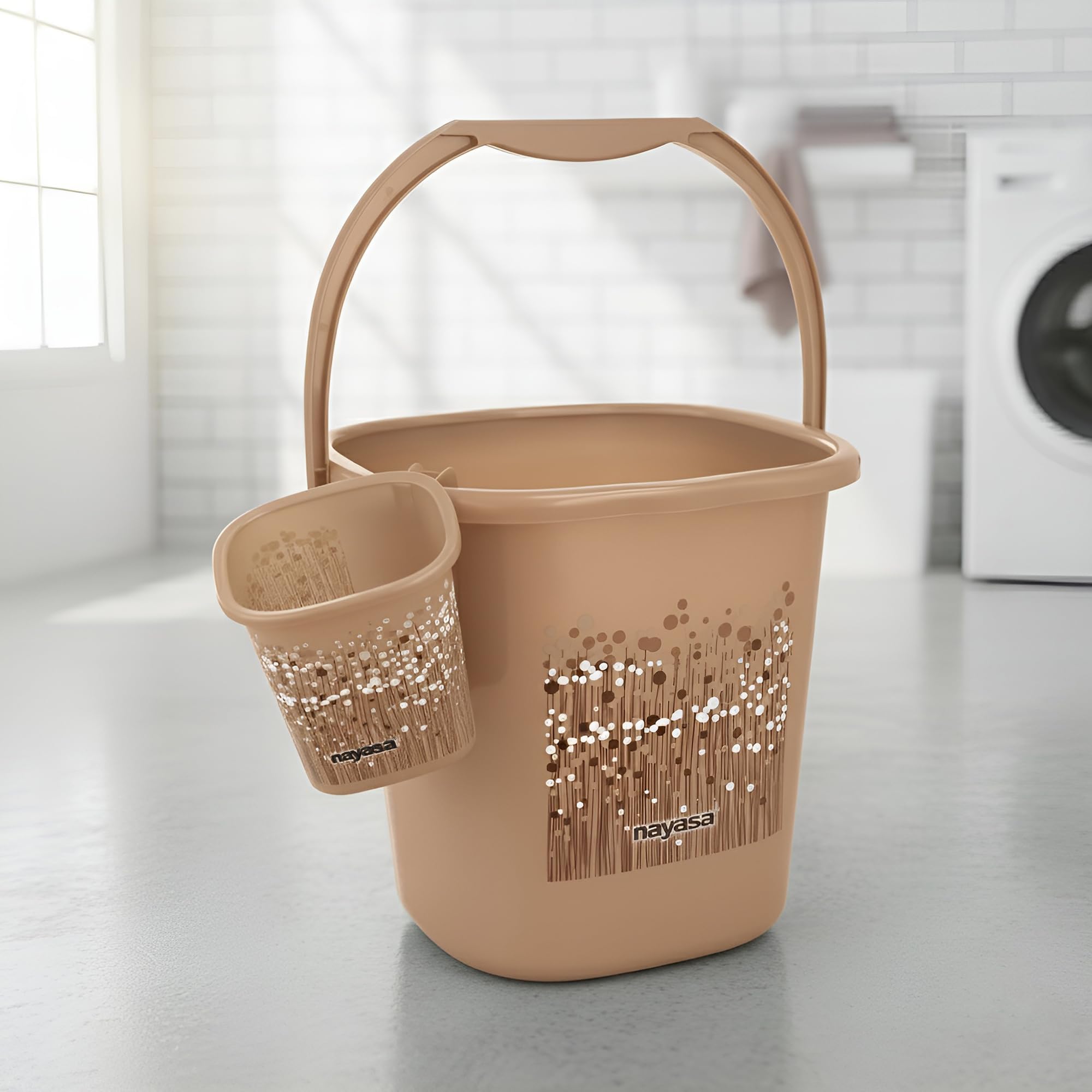 Nayasa Square Ring Funk Plastic Bucket Set for Bath | Bucket and Mug (25 Liters & 1.5 Liters) | Set of 2 | Accessories Set | Brown