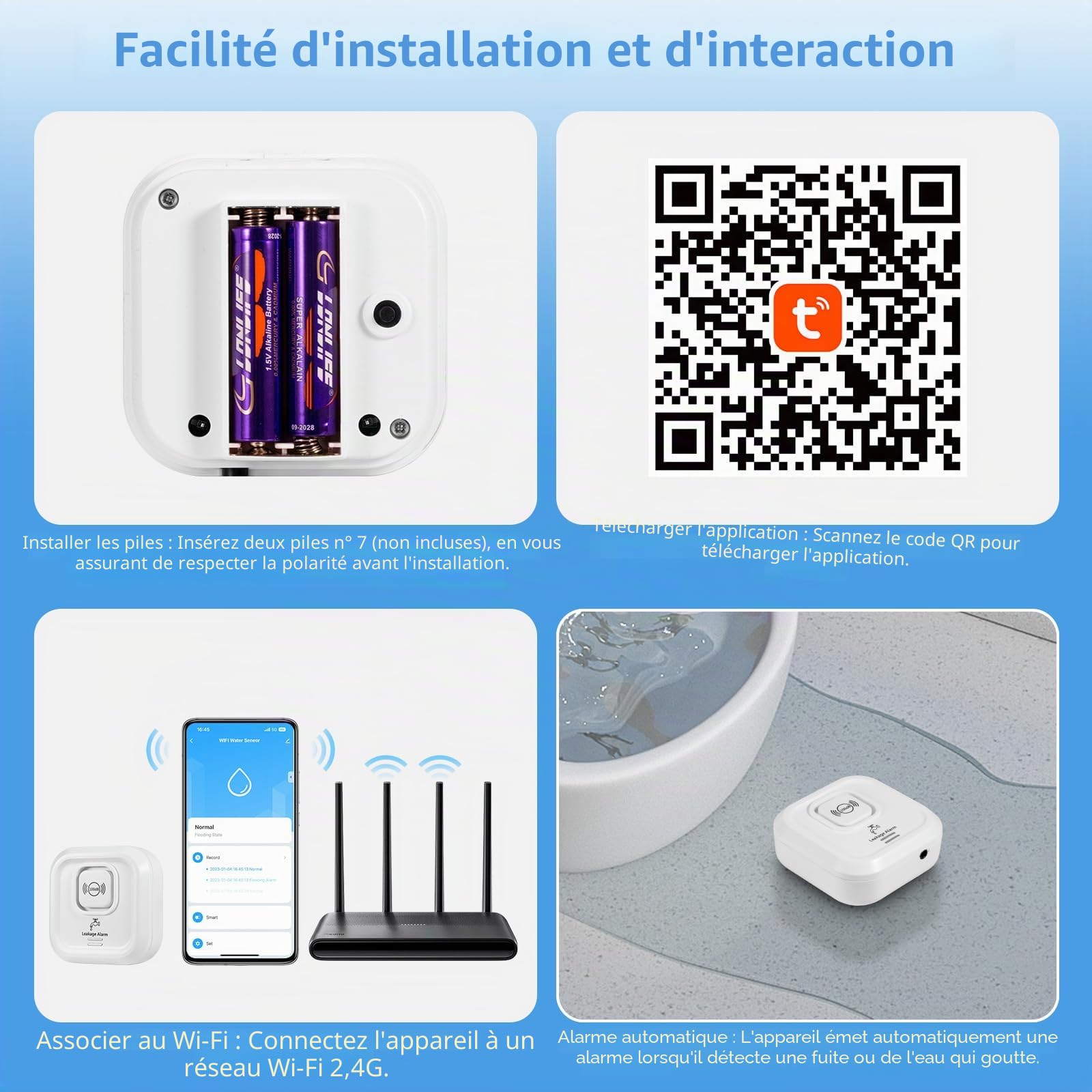 Detecteur de Fuite d'eau, 2,4GHz WiFi Alarme Maison sans Fil Compatible avec L'application Tuya, 100dB Capteur de Niveau d'eau avec 105cm Détachable Câble Alarme Piscine pour Cuisines, Caves, Sols