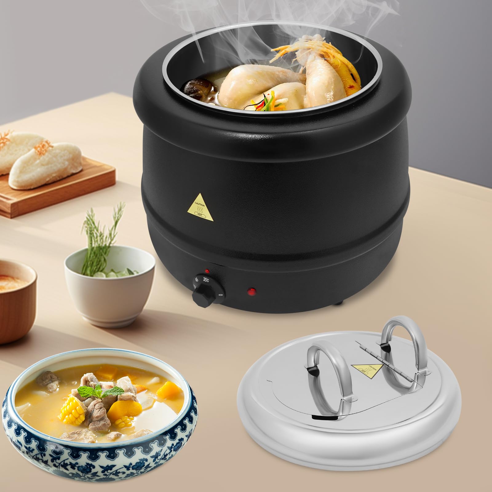Suppenkessel elektrisch 10L Speisenwärmer für Suppe und Sauce | Gusseisen und Edelstahl, 35 bis 80 °C regelbar, herausnehmbarer Innentopf, Warmhaltebehälter für Buffet Gastronomie