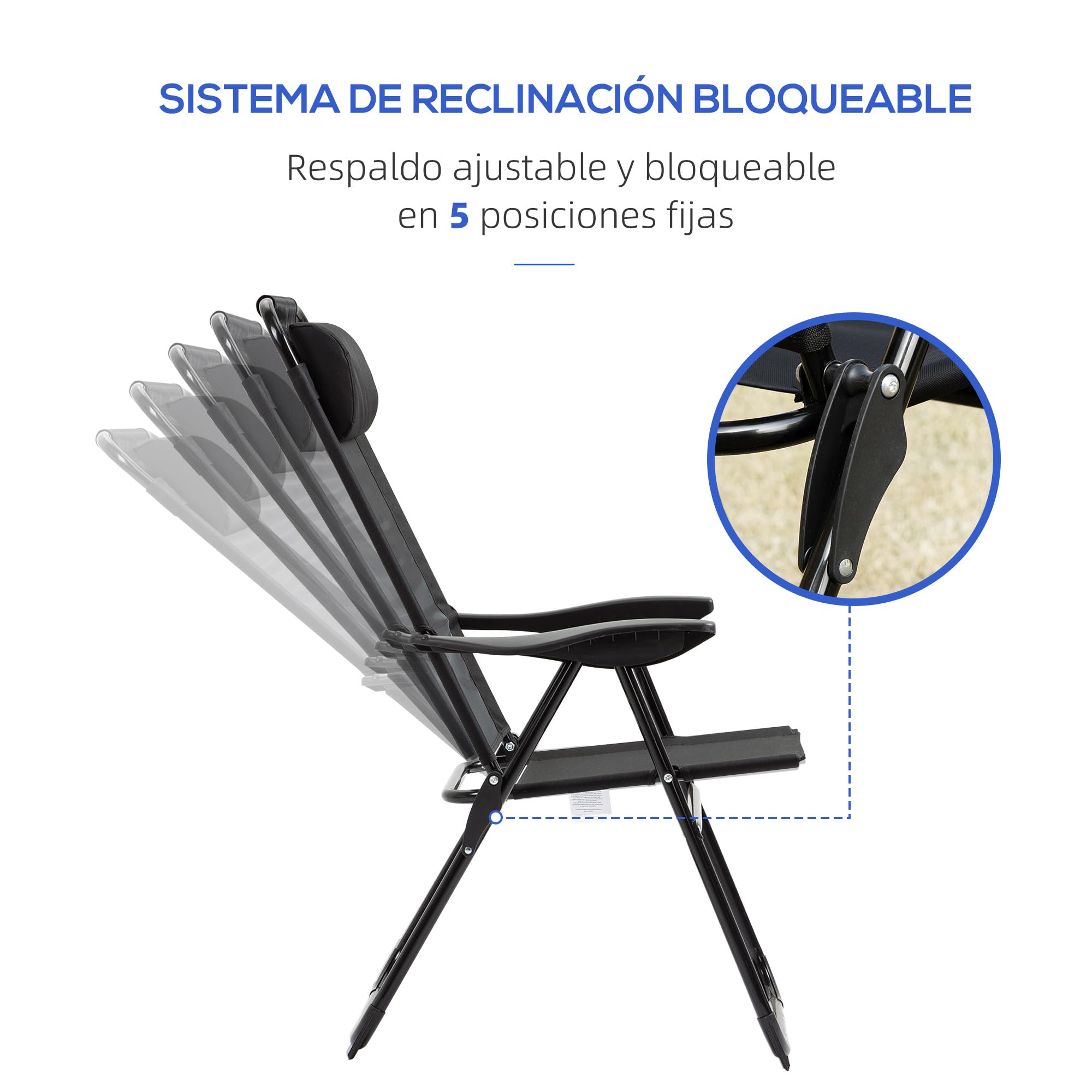 Outsunny Conjunto de 2 Sillas de Camping Plegables Sillas de Jardín con Reposacabezas Desmontable y Respaldo Reclinable en 5 Niveles Carga 120 kg para Terraza Playa 62x70x109 cm Negro