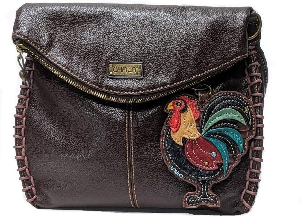 Chala Charming Crossbody Bag Shoulder Handbag With Flap Top and Zipper Black (Dark Brown_ Rooster)