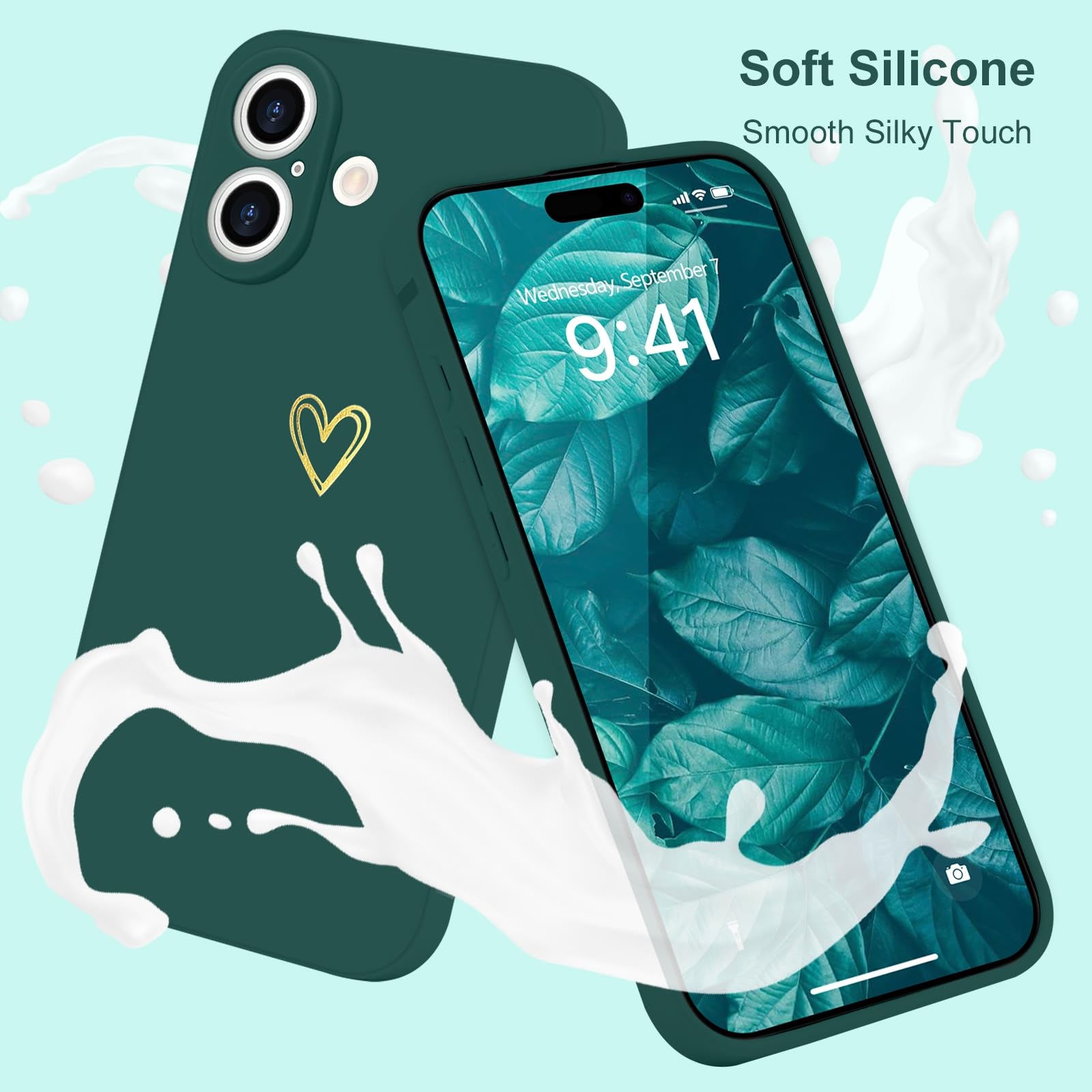 Wirvyuer for iPhone 16 Plus Case Cute Heart Pattern Soft Shockproof Protective Silicone Phone Case for Women Girls Green - Image 2