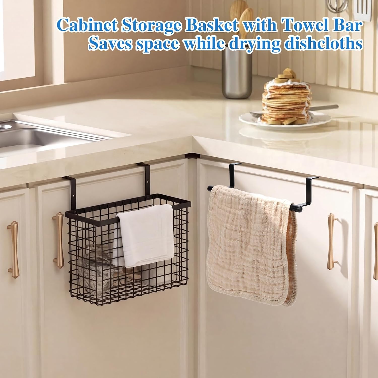Cabinet Door Organizer with Towel Bar, Hang over Cabinet Door Storage, Under Sink & Kitchen Cabinet Organizer for Cutting Board, Baking Sheet, Foil, Plastic Wrap, Carbon Steel, 2 Pack