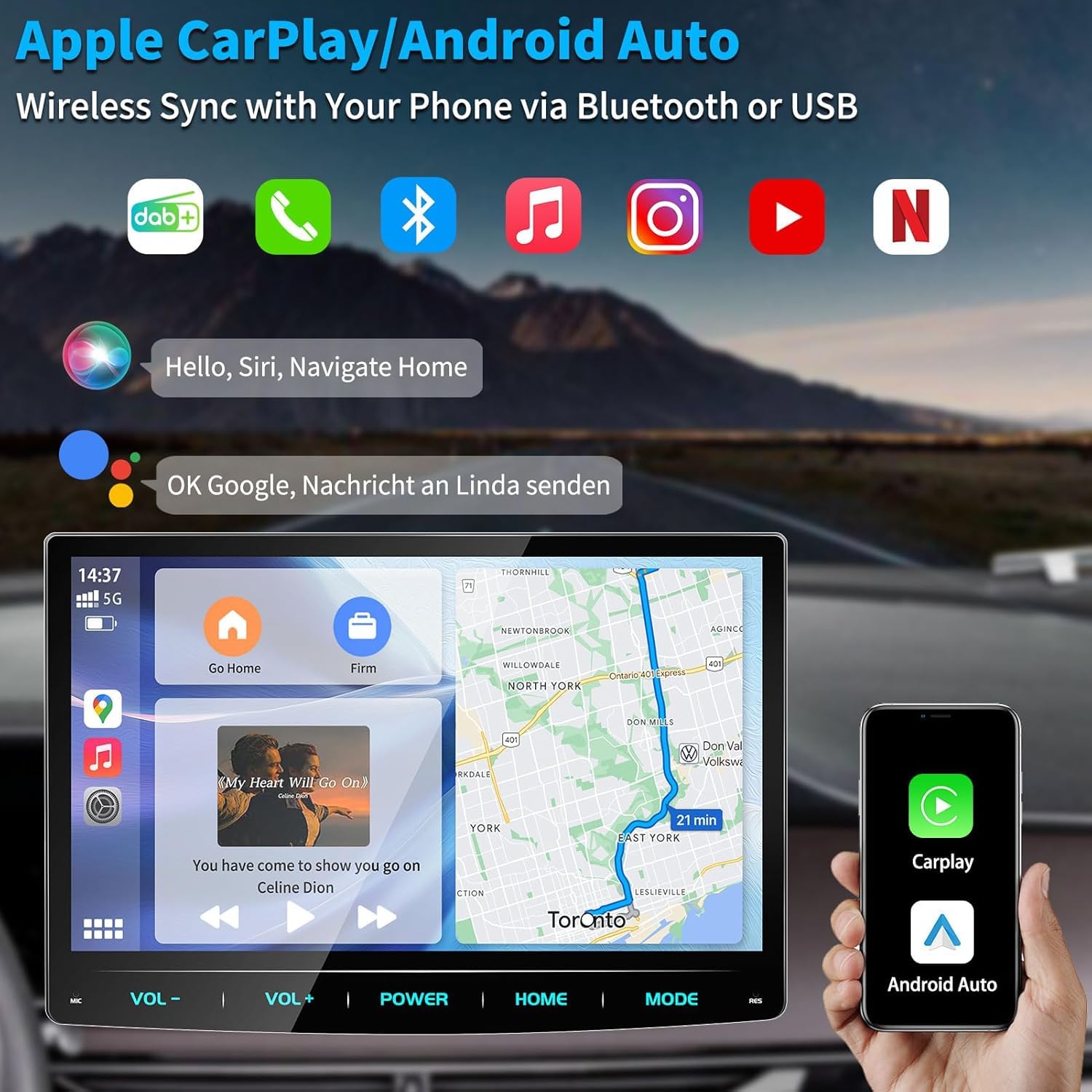 URVOLAX Android 13 Autoradio 1 Din con Schermo, CarPlay Wireless Android Auto 10.1 Pollici Radio Bluetooth Car Play Touchscreen Stereo Monitor Navigatore DAB+ 8 Core 32G Wifi 4G GPS Retrocamera