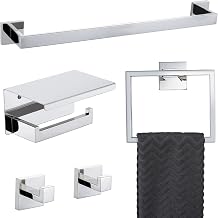 Bathroom Towel Bar Set Toilet Paper Holder with Shelf, Polished Chrome Bathroom Accessories Set, 23.6 Inch Towel Bar Towel Ring Towel Hook 5-Piece Bathroom Hardware Set