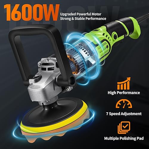 Miniatura 2 de Pulidora de búfer, 1600 W, 6 pulgadas7 pulgadas, pulidora rotativa de coche con 7 velocidades (1600-3500 RPM), kit de pulidores y pulidores de