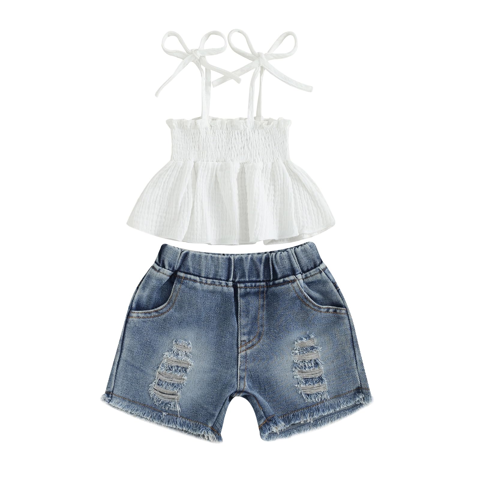 fhutpw Baby Toddler 12 18 24 Months 2T 3T 4T Girl Clothes Summer Ruffle Sleeveless Tops & Ripped Denim Shorts Set Kid Outfits
