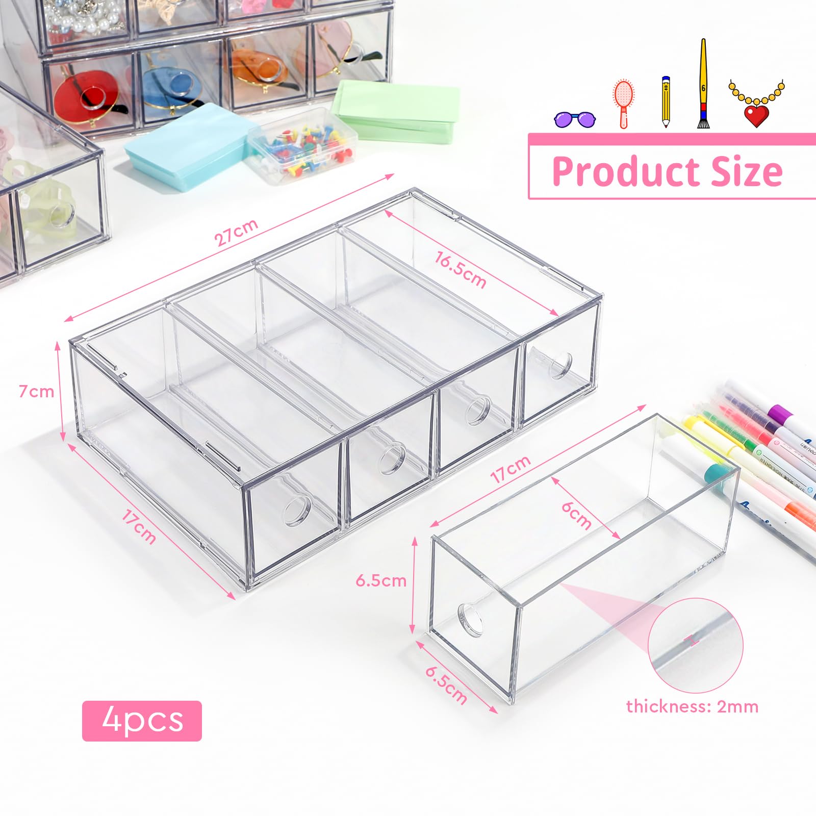 4 Stück Schubladenorganizer mit 16 Fächern Schubladenbox Stapelbar Schreibtisch-Organizer mit Herausnehmbarer Schublade Aufbewahrungsbox Multifunktion für Schreibwaren, Mark, Büro,Sonnenbrille