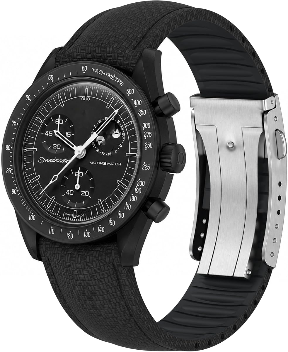 FKM Rubber Watch Strap,Curved End Fluororubber Watch Band with 316L Stainless Steel Deployant Clasp,Sweat-proof Anti-Dust Seamless Fit for Men Women Divers Watches Cut-to-Size 18mm 19mm 20mm 21mm 22mm