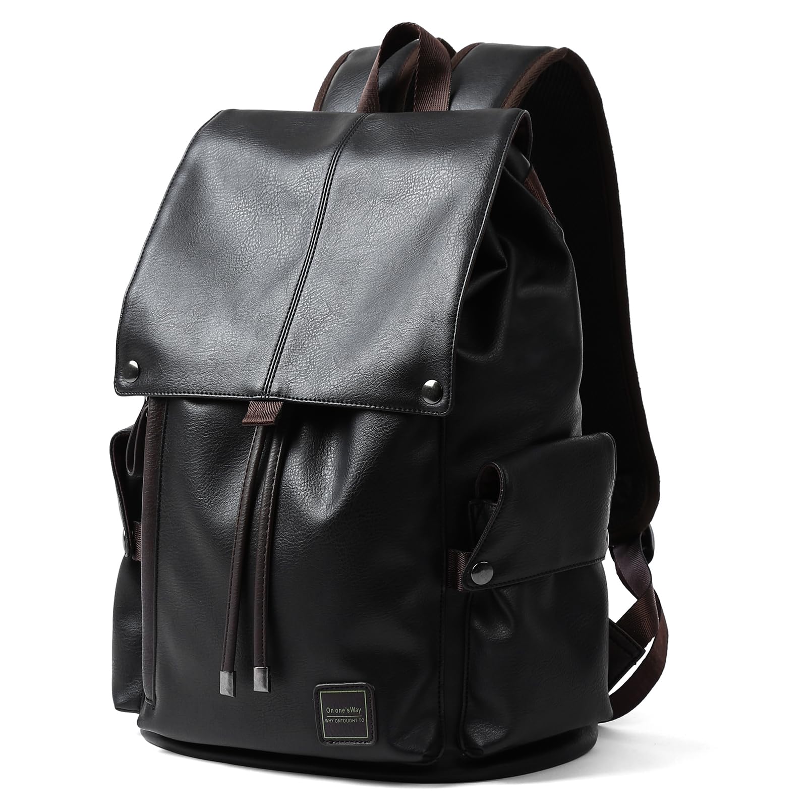 Leather Backpack for Men Fits 15.6" Laptop Vintage Backpacks Waterproof Drawstring Backpack for Travel Daily Work Black