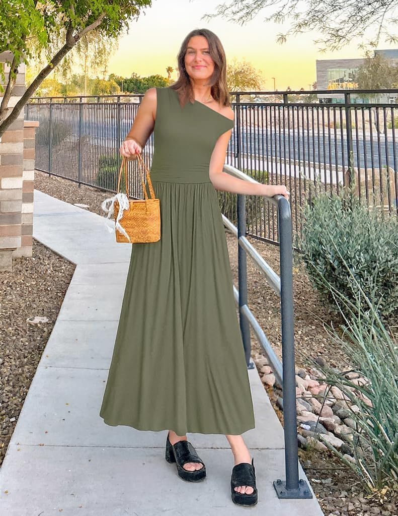 ZESICA Women's Summer 2026 Sleeveless Maxi Dress One Shoulder Casual Slim Swing Pleated Formal Dresses with Pockets - Image 5