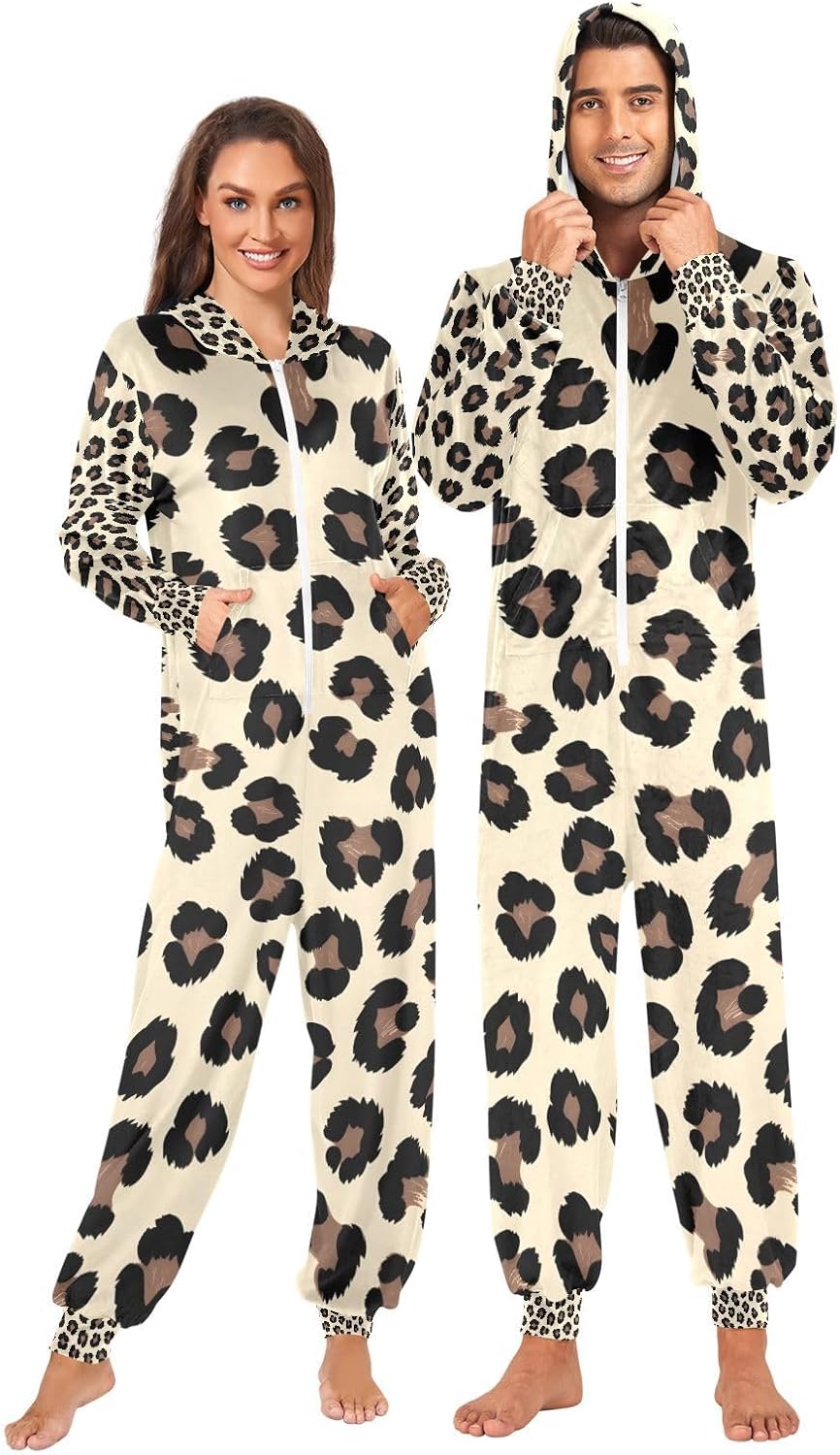 Brown Leopard Cheetah Pattern Unisex Adult Onesie Pajamas Comfy One Piece Costume Jumpsuits Novelty Sleepwear Homewear for Men Women